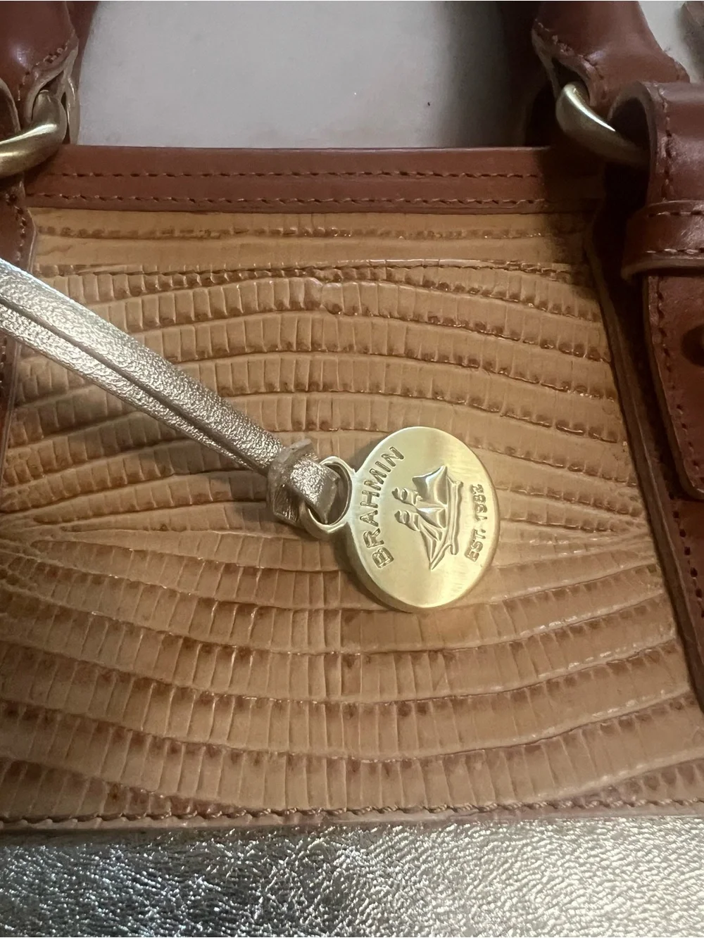Brahmin Medium Arno Zip Top Tote Bag  Tan Beaumont With Metallic Gold Accents